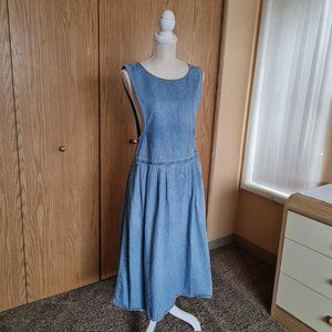Vintage Denim Dress Woolrich Cotton Blue Midi Pinafore Jean Small Crew Neck